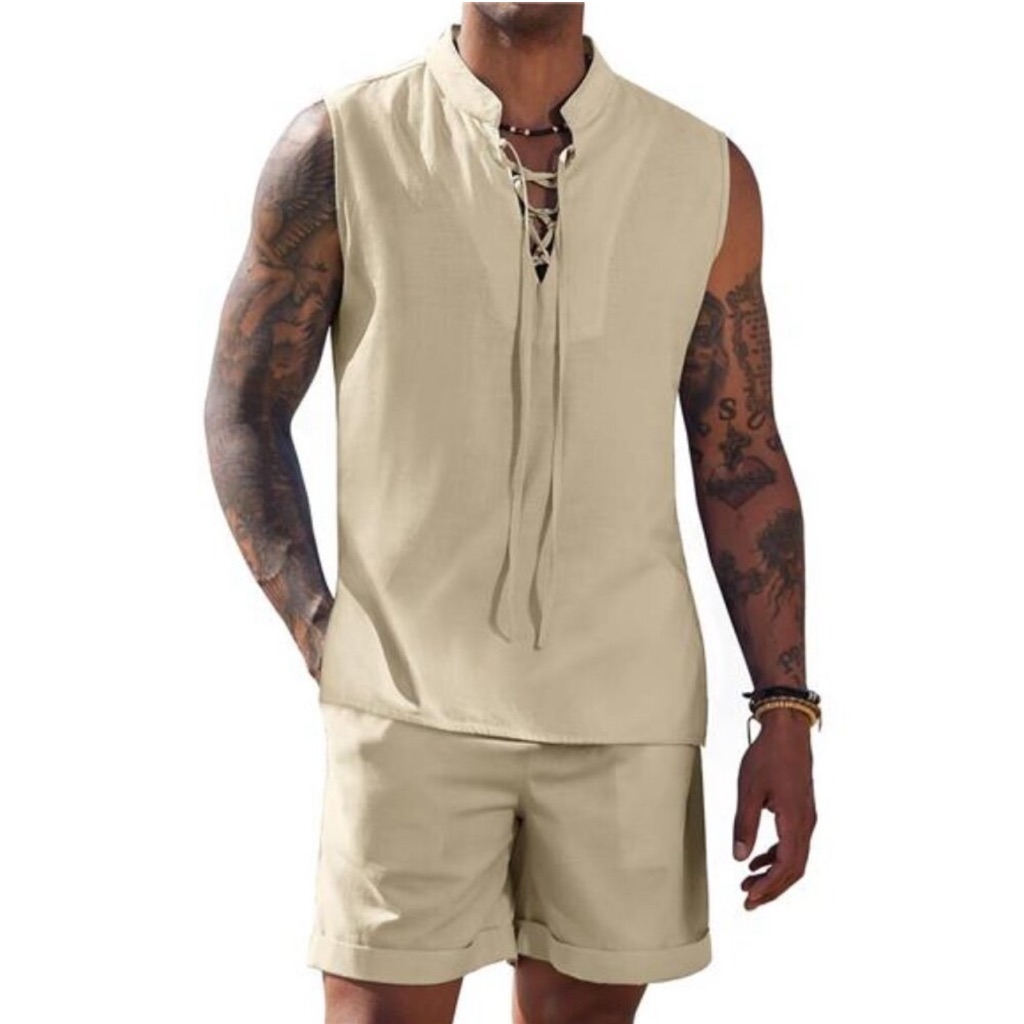 Men's Linen Set 2 Piece Beach Outfit Lace Up Hippie Tank Top Summer Casual Set